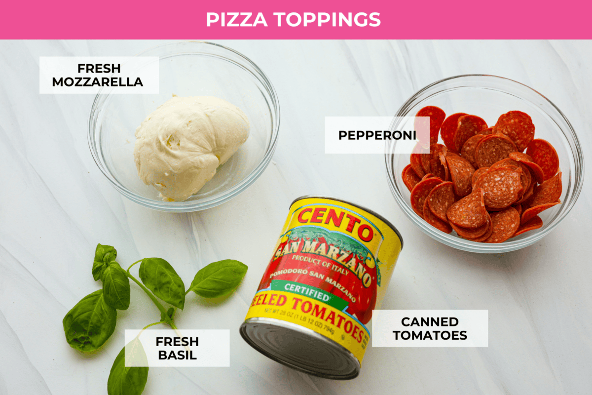 This is the perfect beginner's guide for making wood-fired pizza dough! Pizza expert, Chef Brandon Price, taught me how to make authentic homemade pizza, and now you get to learn too! Topping ingredients labeled to make wood-fired pizza.