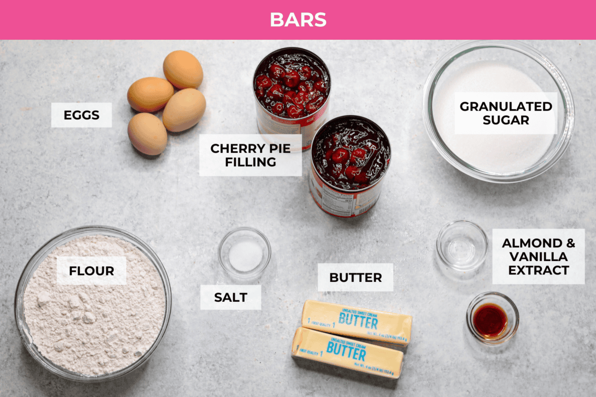 Enjoy cherry pie in its best form: cherry pie bars! You can whip up a whole pan in minutes using cherry pie filling. They’re beautiful, easy to make, and always a crowd-pleaser! A top view of individual ingredients for the bars, each labeled.