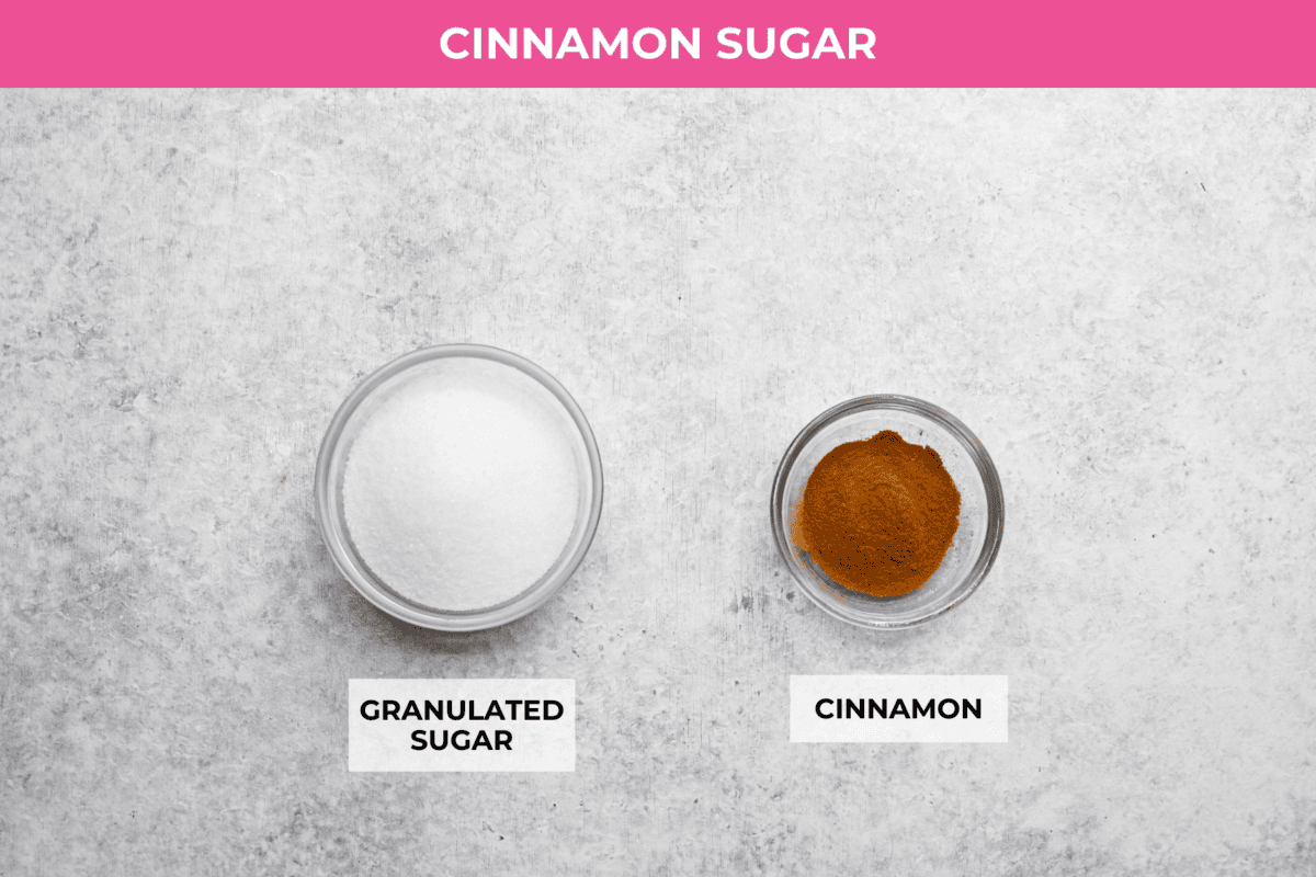 Cinnamon Swirl Banana Bread is a delightful twist on the classic. What sets this recipe apart is the luscious cinnamon sugar swirl running through the middle and on top, creating a beautiful marbled effect and an extra burst of flavor. It's irresistibly delicious! Overhead shot of labeled ingredients for cinnamon and sugar swirl.