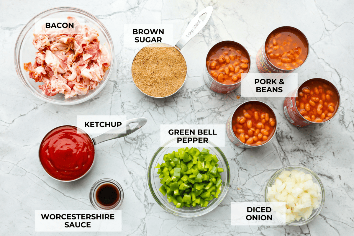 These World's Best Baked Beans will be the last recipe you will ever make! This easy recipe is the perfect side to a potluck and a tried and true family recipe that your family will go crazy over! Ingredients labeled to make the world's best baked beans.