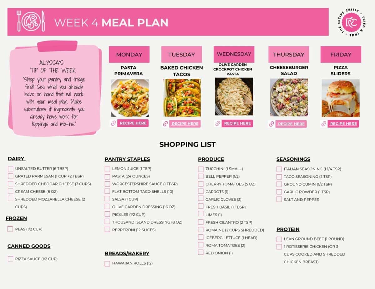 Take advantage of this weekly meal plan that has all the favorite recipes that families love! It is so easy to follow and includes a shopping list! A image of a pdf shopping list.