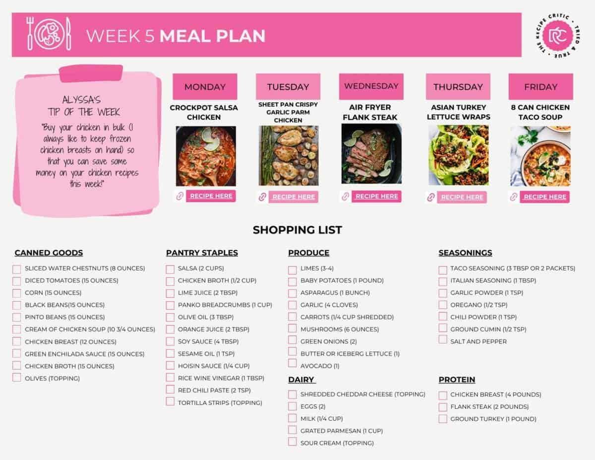 Weekly meal plan #5 is made up of delicious comfort meals the whole family will love. I specifically included a few crockpot meals to make your life even easier! A printable meal plan with shopping list.