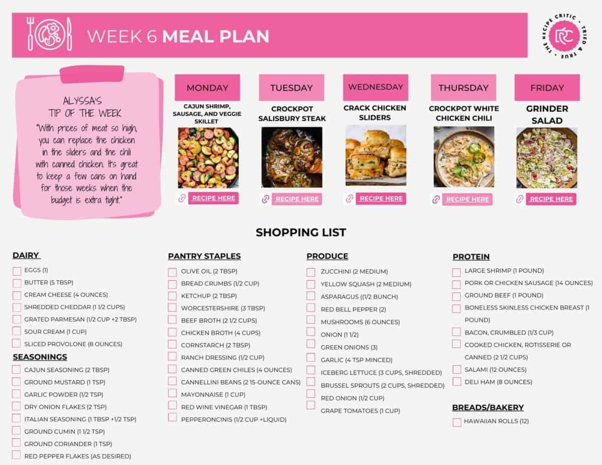 Get ready for some seriously tasty meals with Weekly Meal Plan #6! I've got chicken, shrimp, and fresh salads on the menu, and you're going to love every single bite. A printable menu and shopping list.