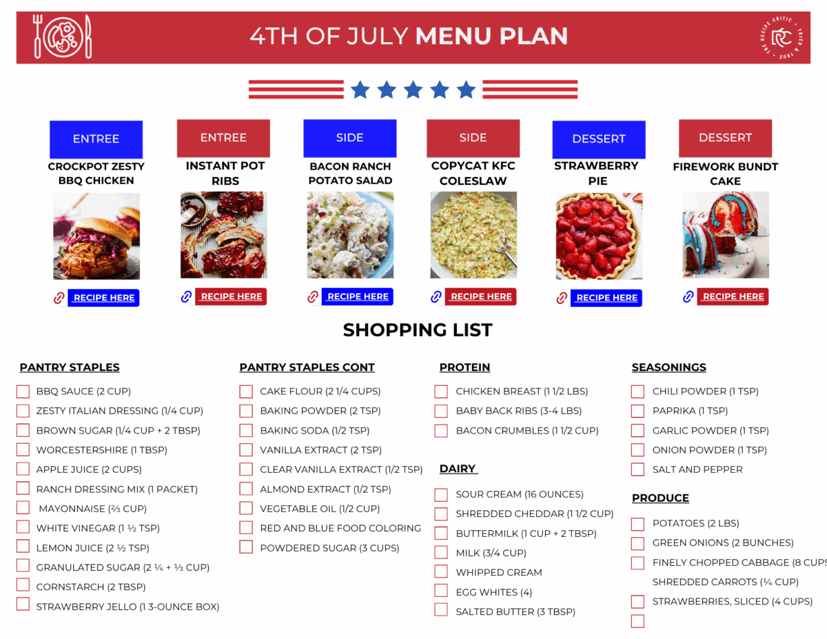 Get ready for a fun-filled 4th of July with my easy and delicious menu plan, complete with a handy shopping list! From zesty BBQ chicken to refreshing strawberry pie, I've got everything you need for the perfect holiday! A menu plan with shopping list.
