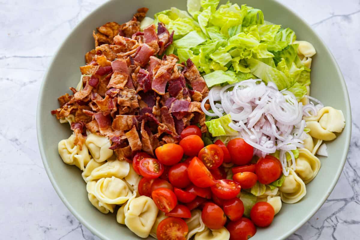 BLT Tortellini Pasta Salad is your favorite sandwich turned into a delicious, refreshing salad you can share with others. This salad is so easy to make and perfect for serving at any gathering. With loads of bacon, crisp Romaine lettuce, juicy tomatoes, and cheese-filled tortellini, it's sure to be a hit! Overhead shot of all of the BLT tortellini salad ingredients in a bowl.