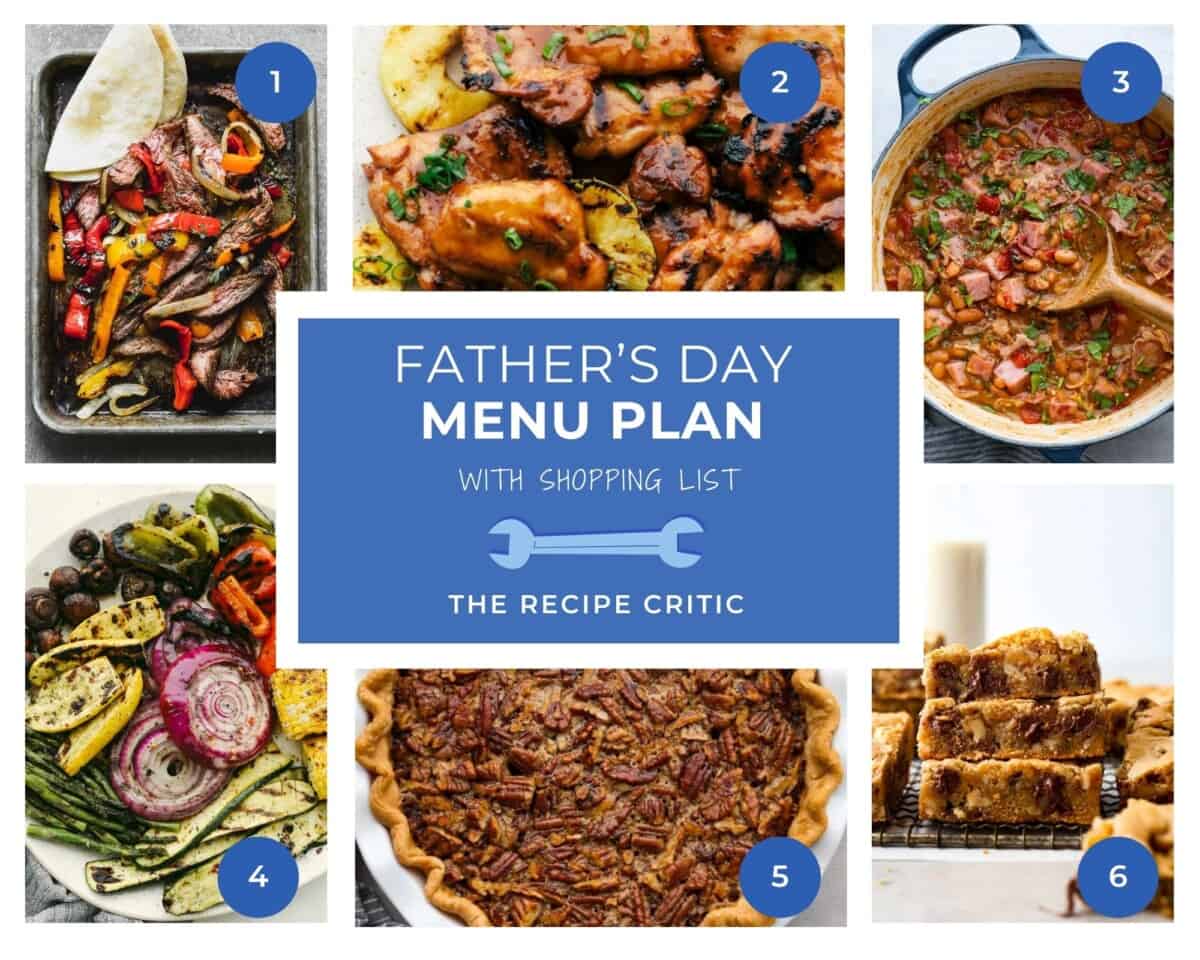 I've put together this Father's Day menu plan which means less stress and more fun, letting you spoil your dad with all his favorite foods! It's the perfect recipe for a memorable and delicious celebration! A collage of 6 recipes in a Father's Day menu plan.