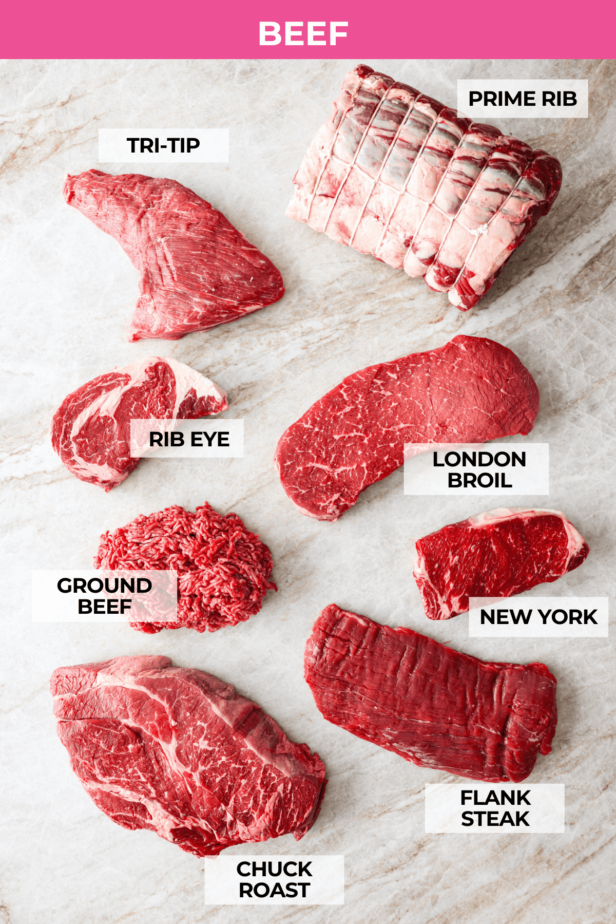 Learn the basics of using meat in the kitchen! I walk you through the different cuts of meat and help you feel confident with your delicious meat recipes. You will LOVE this helpful guide to understanding beef, pork, and chicken! Cuts of beef labeled.