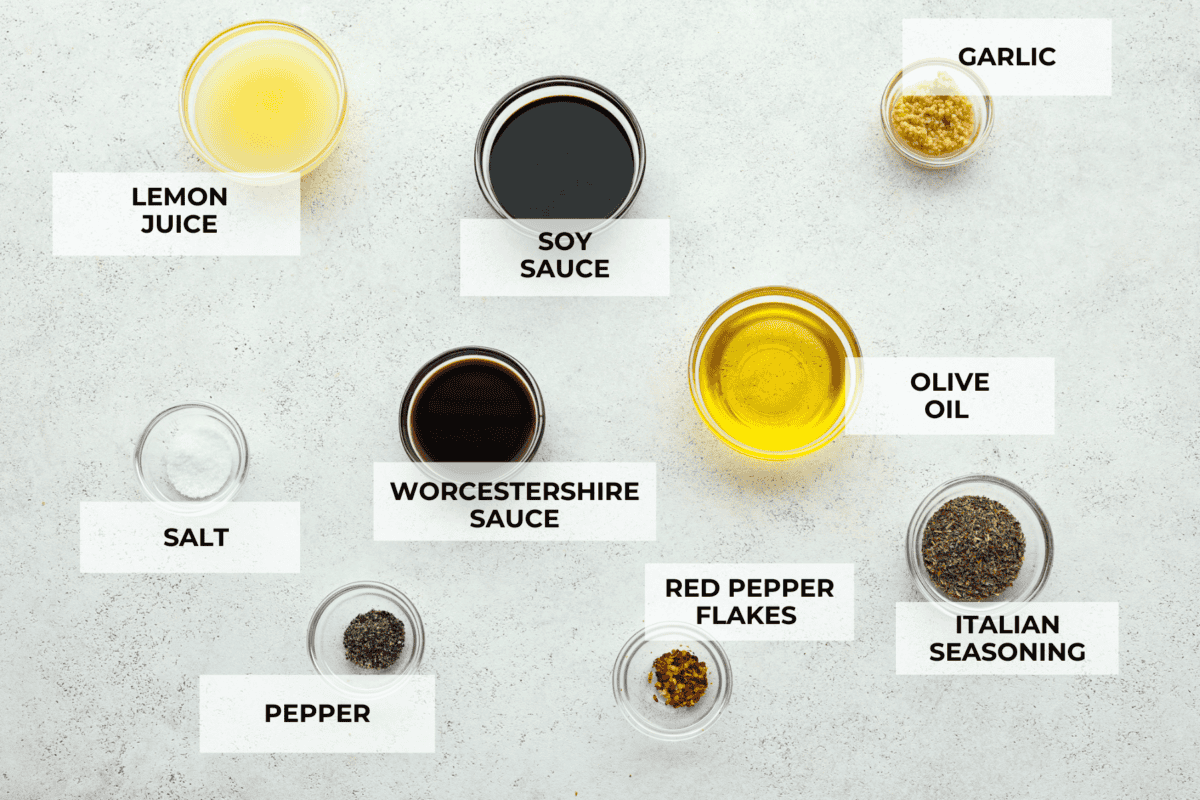 This steak marinade is one of the top recipes on my site! Itโs my go-to for turning tough, budget-friendly cuts into juicy, flavor-packed steaks that practically melt in your mouth. Overhead shot of labeled ingredients.