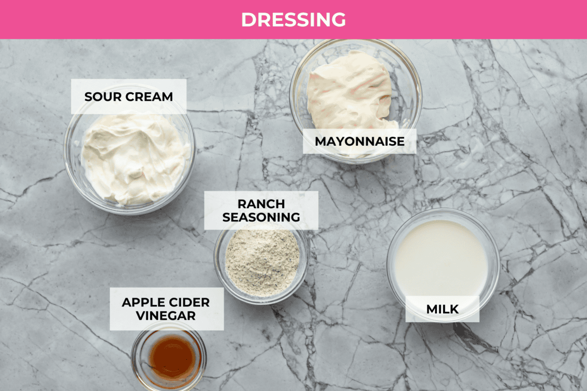 Overhead shot of labeled dressing ingredients.