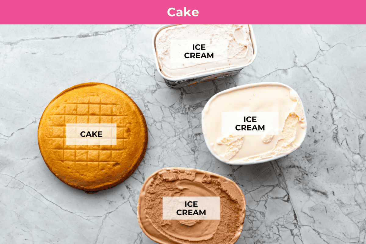 Impress everyone with this gorgeous Baked Alaska dessert! It's surprisingly easy to make with just 5 ingredients. Layers of cake, ice cream and meringue will have your friends and family begging for a slice! Overhead shot of labeled ingredients.