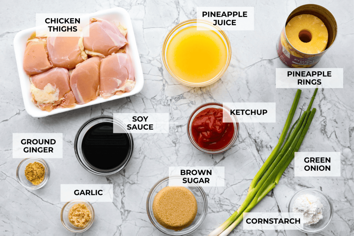 Baked Huli Huli chicken is a tried and true recipe now made in the oven! Tender chicken baked in a sweet and savory sauce. This easy one-pan dinner is full of Hawaiian-inspired flavors! Ingredients labeled to make baked Huli Huli chicken.