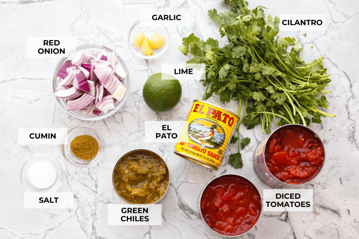 Best Blender Salsa is restaurant-quality salsa that is made right in your blender! It only takes 5 minutes and is truly the very best out there! This vibrant and refreshing salsa has the perfect blend of sweet, spicy elements. Overhead shot of labeled ingredients.