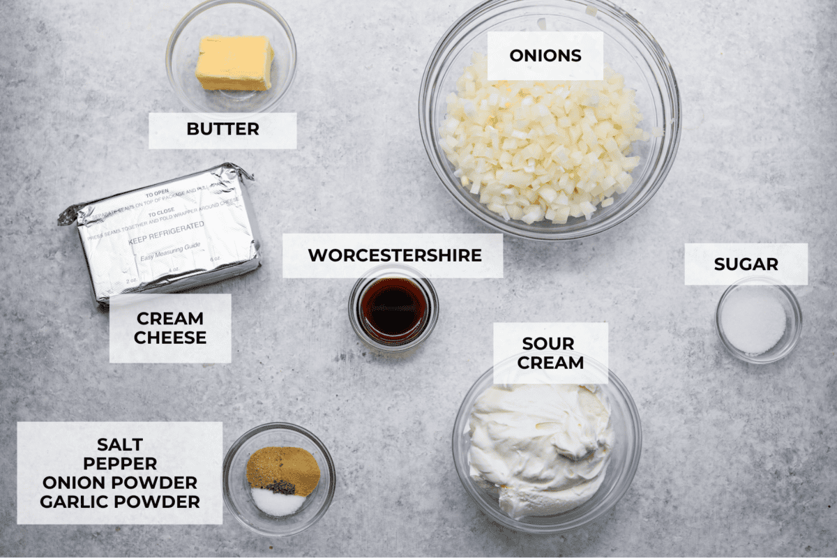 The Best French Onion Dip begins with caramelized onions that combine with cream cheese, sour cream, and seasonings. It creates a dip so addictive and creamy, it'll be gone before you know it! Ingredients labeled to make French onion dip.