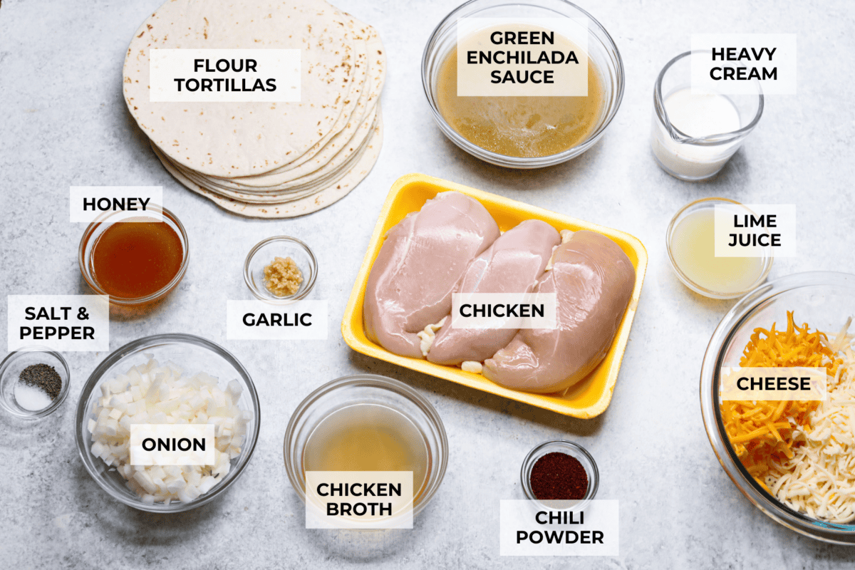 Honey lime chicken enchiladas are a family favorite! These enchiladas are filled with shredded chicken and melty cheese and then smothered in a creamy enchilada sauce. The combination of honey and lime takes these enchiladas to the next level! Ingredients labeled to make honey lime chicken enchiladas.
