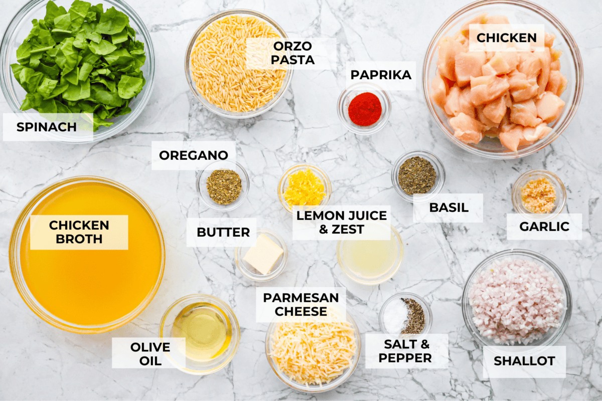 One-Pan Lemon Chicken Orzo is a comforting, well-rounded meal! Tender, juicy chicken pieces are joined with orzo pasta in a bright lemon sauce, resulting in melt-in-your-mouth deliciousness! Your whole family will adore this tasty dinner! Overhead shot of labeled ingredients.