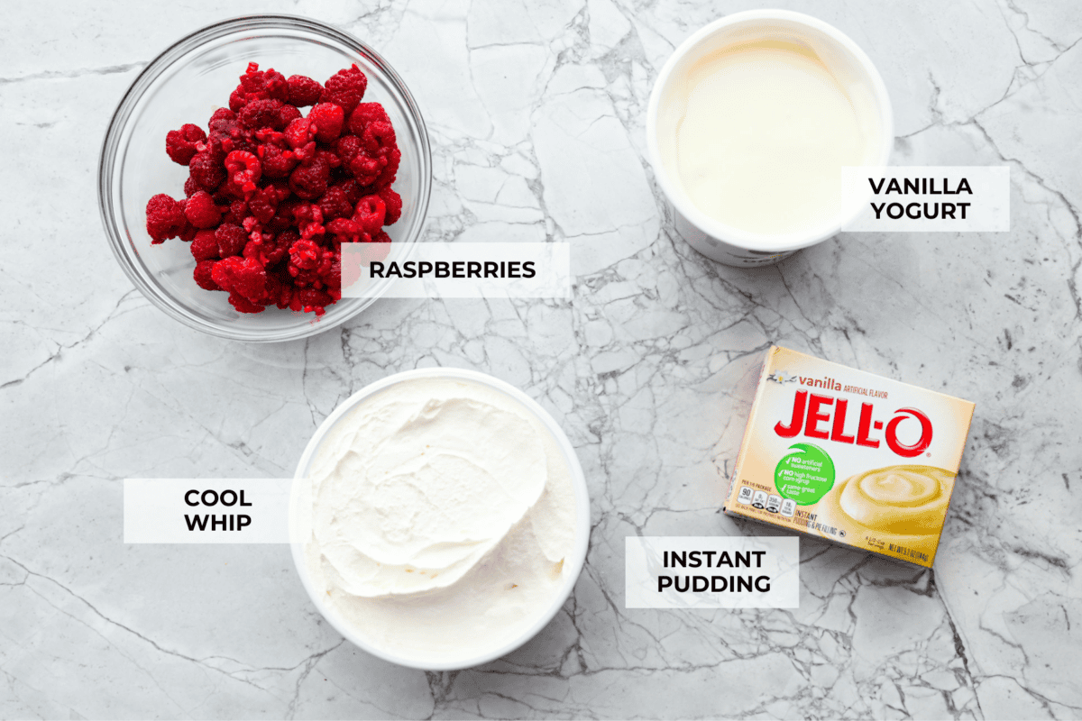Fresh and fruity Raspberry Fluff Salad is a sweet and creamy side or dessert with a mix of raspberries, vanilla yogurt and Cool Whip. Made with just 4 ingredients in 5 minutes, it's SO easy to make and perfect for potlucks and picnics! Top view of ingredients on the counter with labels.