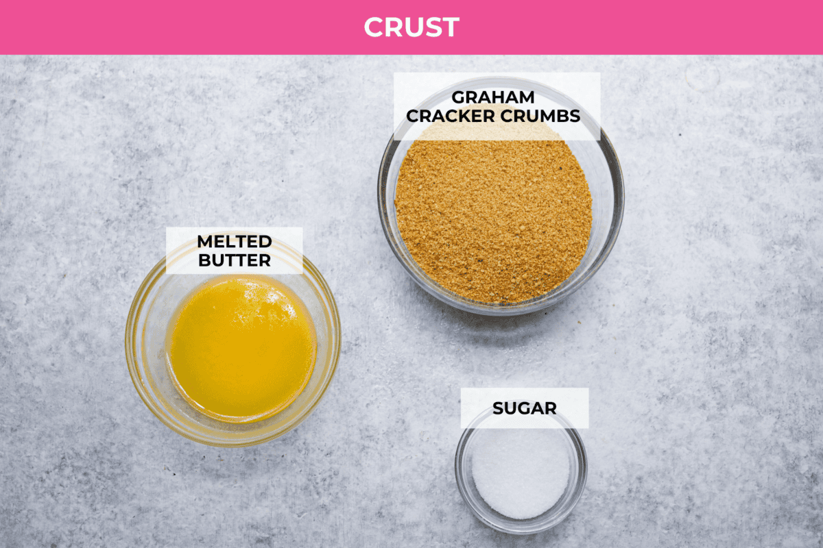This strawberry cream cheese pie has a smooth, creamy filling is topped with sweet strawberries and is held together by a crumbly, buttery crust. Simply divine! Overhead shot of ingredients for pie crust labeled.