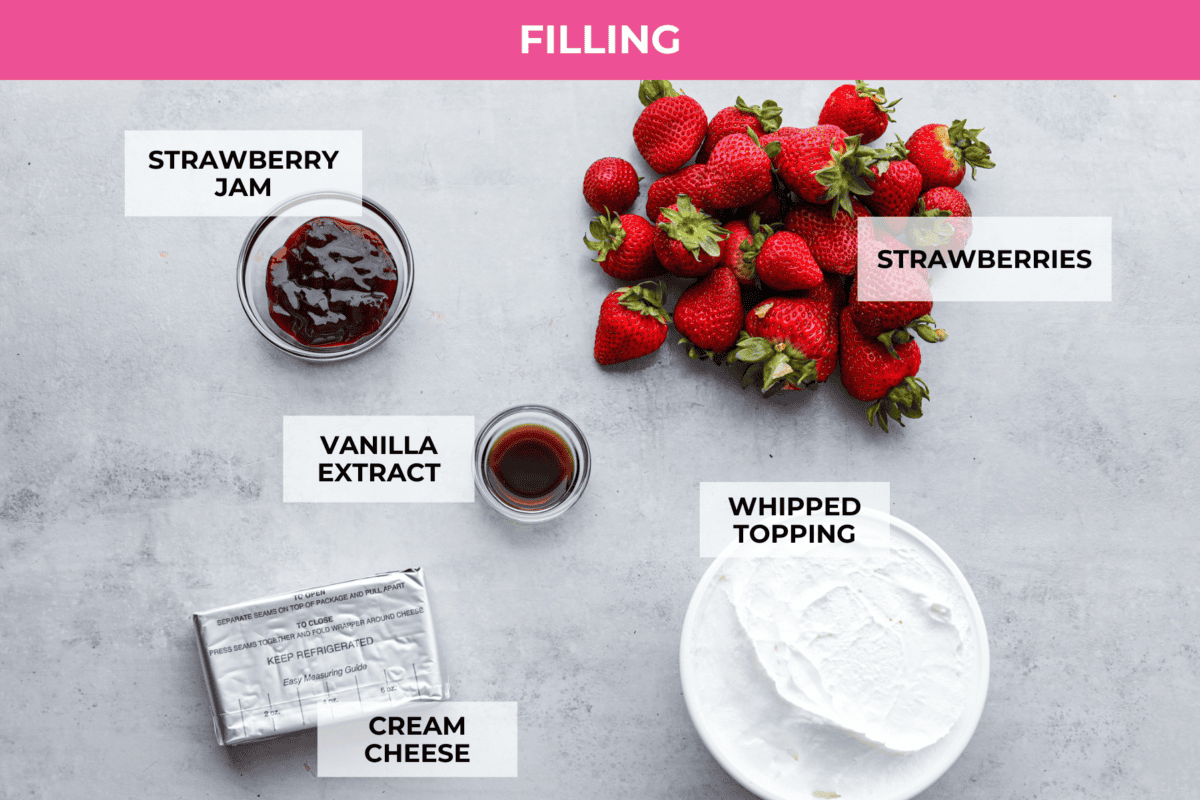 This strawberry cream cheese pie has a smooth, creamy filling is topped with sweet strawberries and is held together by a crumbly, buttery crust. Simply divine! Overhead shot of ingredients for pie filling.