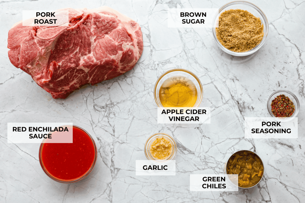 This is the BEST sweet pork taco recipe! It tastes just like Cafe Rio's famous sweet pork, with a blend of sweet and tangy flavors that melt into tender, juicy meat. It's perfect for tacos, salads, burritos, nachos, and anything else you can dream up! Overhead shot of labeled ingredients.