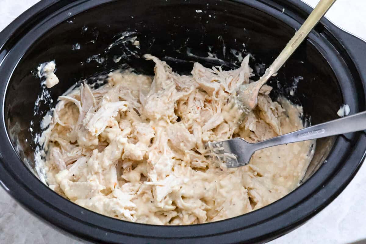 Italian cream cheese chicken is a simple way to enjoy tender, creamy, flavorful chicken over noodles, rice, or potatoes. With only four ingredients, this is definitely one of those slow cooker recipes you will have on repeat. Overhead shot of cooked chicken being shredded in crock pot with two forks.