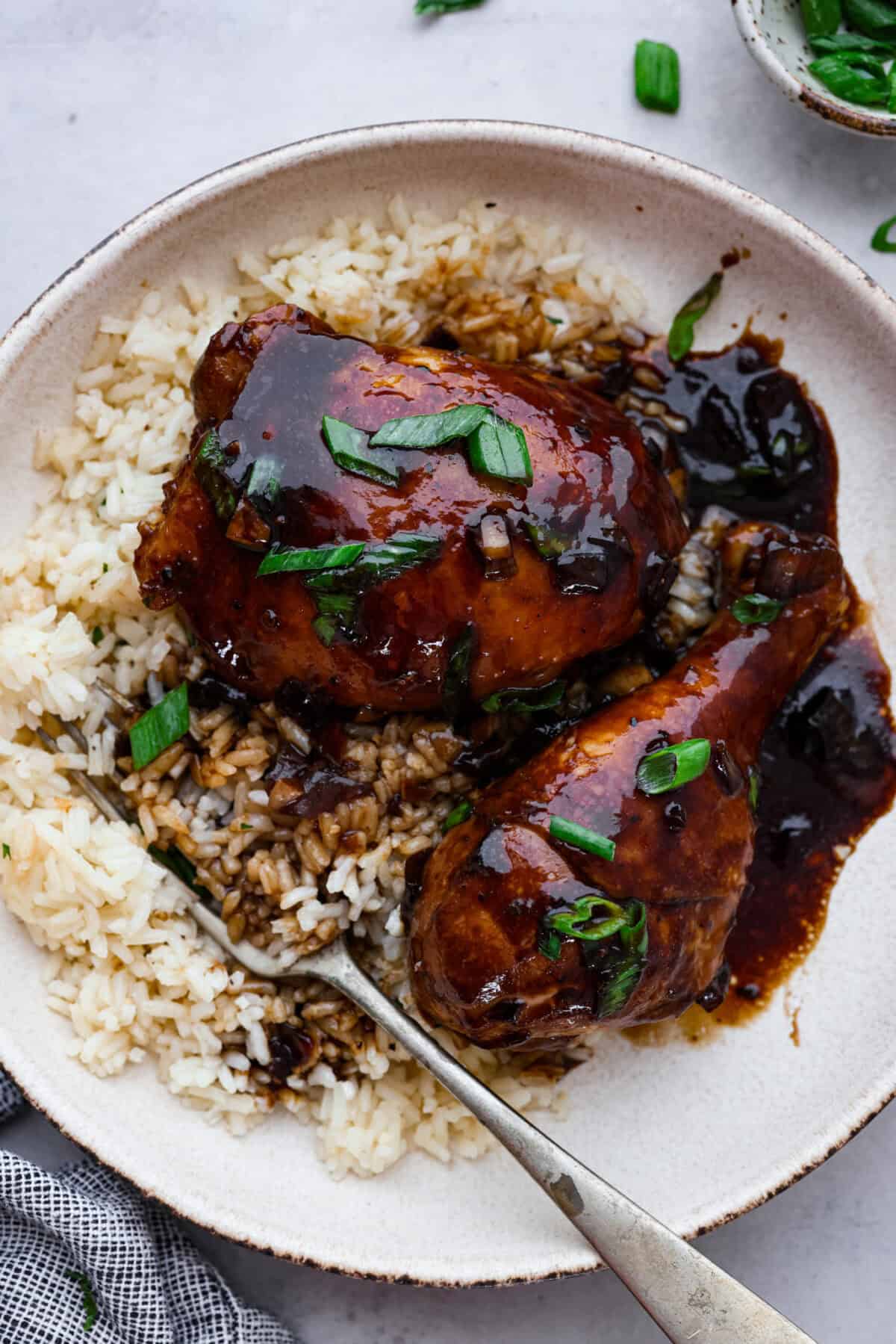 Chicken Adobo is a tangy, salty, sweet, and spicy Filipino dish. This meal is easy to make and requires just a few simple ingredients. It's sure to become a family favorite! overhead shot of plated adobo chicken over rice.