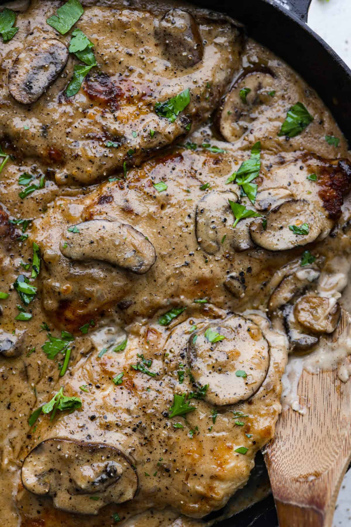Smothered chicken is a flavorful comfort food full of rich, creamy gravy, tender chicken cutlets, and savory mushrooms. Perfect on its own or paired with mashed potatoes, rice or pasta, you're family will definitely want this on the weekly meal plan. Close up shot of smothered chicken.