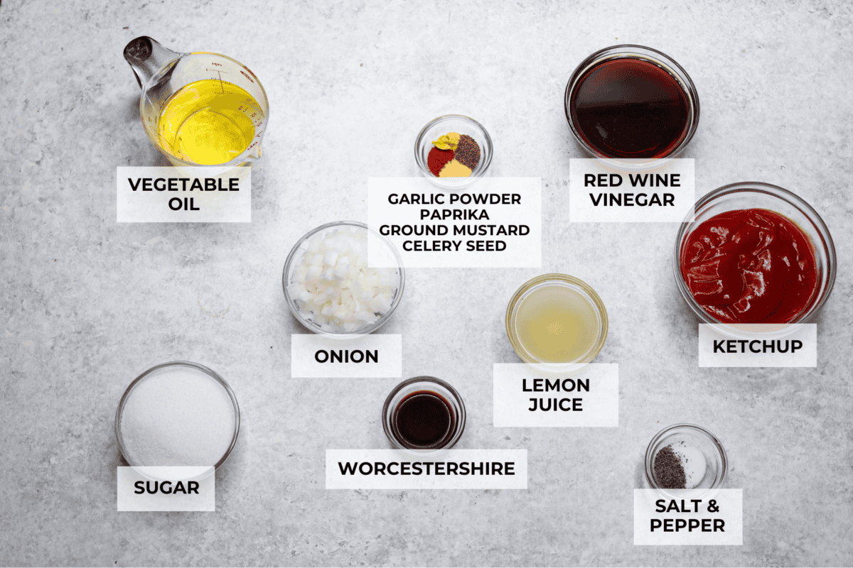 Delicious Catalina French Dressing will give your salad the perfect tangy, sweet flavor! It comes together quickly with a few simple ingredients you probably already have in your kitchen! Once you try it, you will want to have it on repeat! Overhead shot of labeled ingredients.