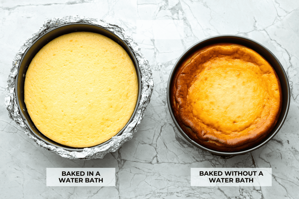 Cheesecake is my absolute FAVORITE dessert! I have perfected my method and I can't wait to teach you how to make cheesecake in this ultimate step-by-step guide. You're on your way to being a cheesecake-making pro! Top view of a cheesecake baked in a water bath and a cheesecake baked without a water bath.