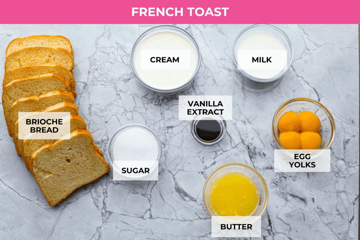 Decadent crème brûlée French toast is fluffy slices of brioche bread with a sweet golden crème brûlée topping. The creme anglaise sauce elevates the French toast making this an unforgettable breakfast! Ingredients labeled to make the French toast.