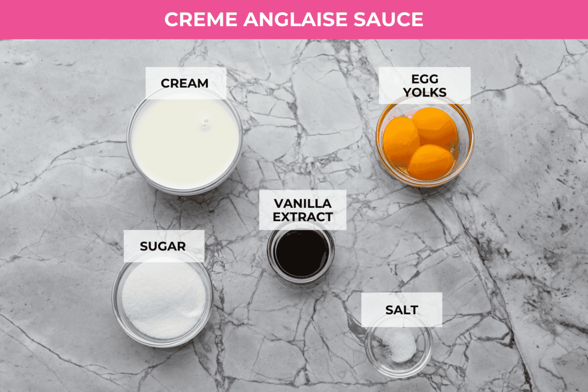 Decadent crème brûlée French toast is fluffy slices of brioche bread with a sweet golden crème brûlée topping. The creme anglaise sauce elevates the French toast making this an unforgettable breakfast! Ingredients labeled to make the creme anglaise sauce.