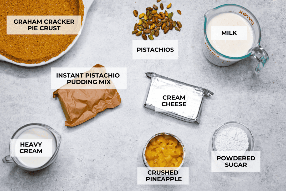 Bring this easy and irresistible no-bake pistachio cream pie to your next gathering! You'll love the combination of the pistachio and pineapple flavors that fill the inside of a sweet, buttery, graham cracker crust. Ingredients labeled to make no bake pistachio cream pie.