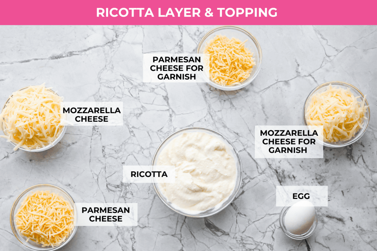 Eggplant Lasagna is a delicious low-carb way to enjoy the classic flavors of lasagna! The tender eggplant layers are loaded with meat sauce, a creamy ricotta mixture, and lots of melty cheese. You won't even miss the noodles! Ingredients labeled to make the ricotta and topping layers.