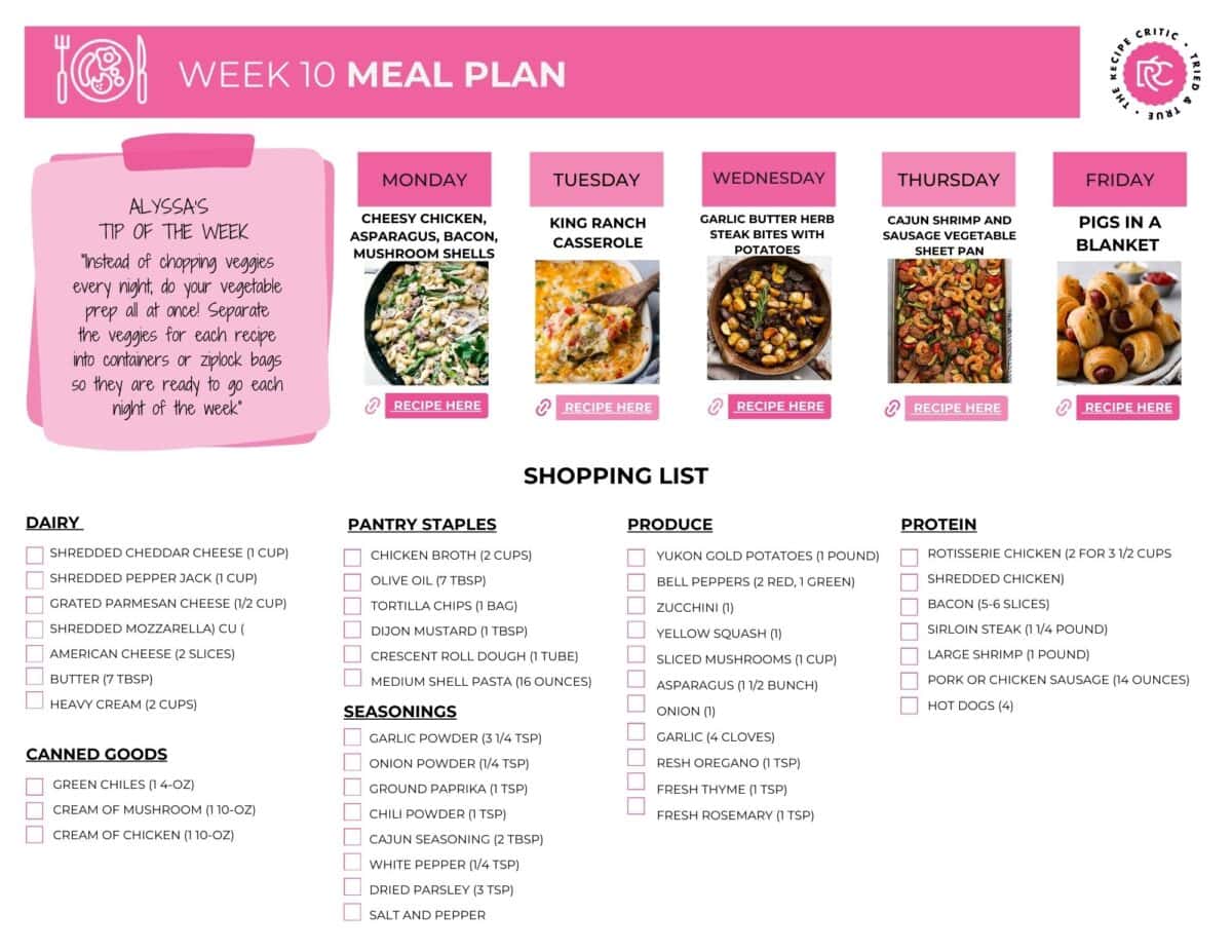 Weekly meal plan number 10 is here! Full of light and tasty dinner recipes that are full of flavor and oh so delicious! A pdf of a shopping list for meal plan #10.