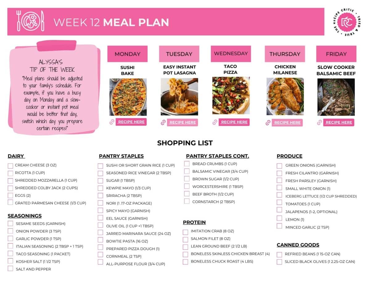This weekly meal plan has so many of my favorite recipes in it! It has meals that even my kiddos love so I know that you will love them too! A printable of 5 recipes and a shopping list.