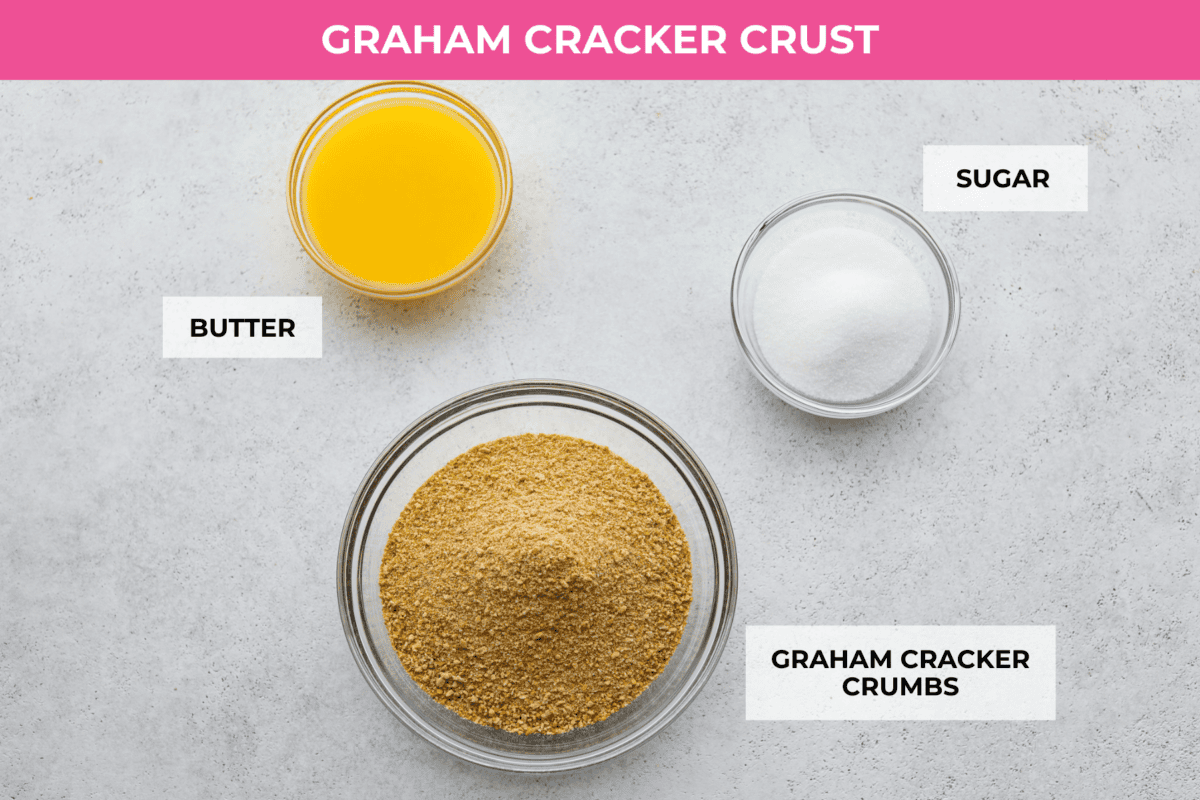 Enjoy juicy, ripe peaches in this Fresh Peach Pie. It has a creamy cheesecake filling topped with sweet peaches, all nestled in a buttery graham cracker crust. Itโs simply delightful, and no baking is required! Overhead shot of labeled graham cracker crust ingredients.