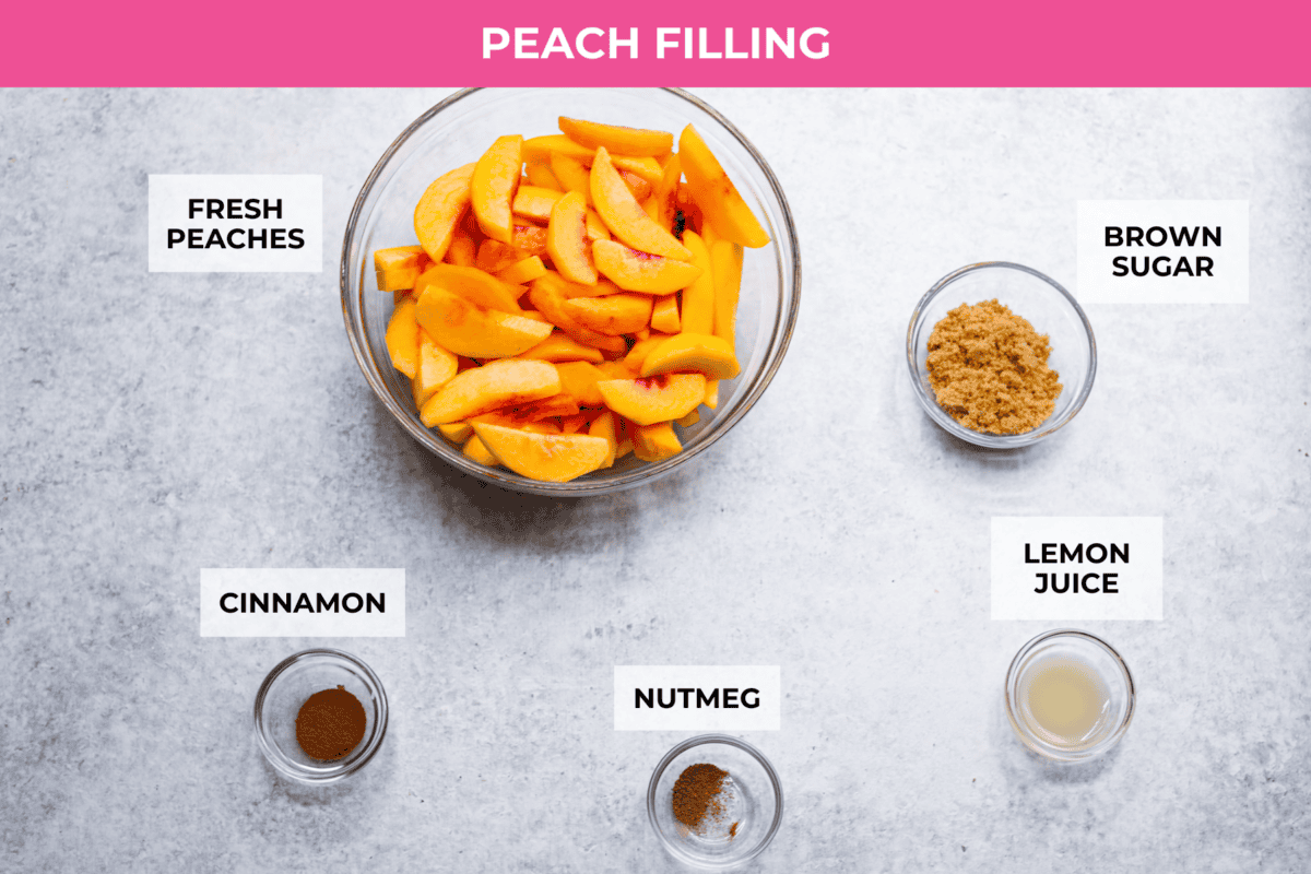 Enjoy juicy, ripe peaches in this Fresh Peach Pie. It has a creamy cheesecake filling topped with sweet peaches, all nestled in a buttery graham cracker crust. Itโs simply delightful, and no baking is required! Overhead shot of labeled peach filling ingredients.