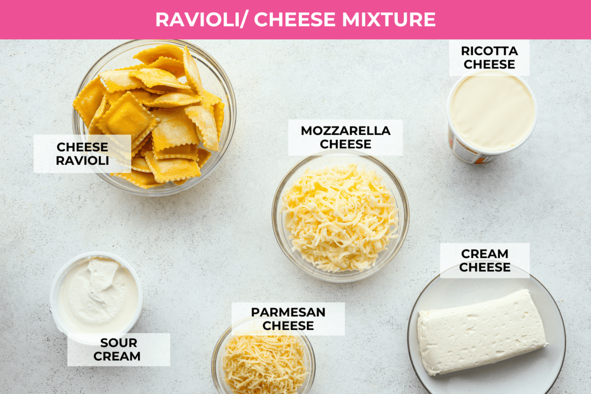 Million Dollar Ravioli Casseroleย is a flavorful casserole version of the classic! It's easy to make with mouthwatering layers of cheesy ravioli, meat sauce, and melted mozzarella cheese on top. This is a comforting, family-friendly dinner that you'll be craving on repeat! Overhead shot of ravioli and cheese mixture ingredients for million dollar ravioli casserole.