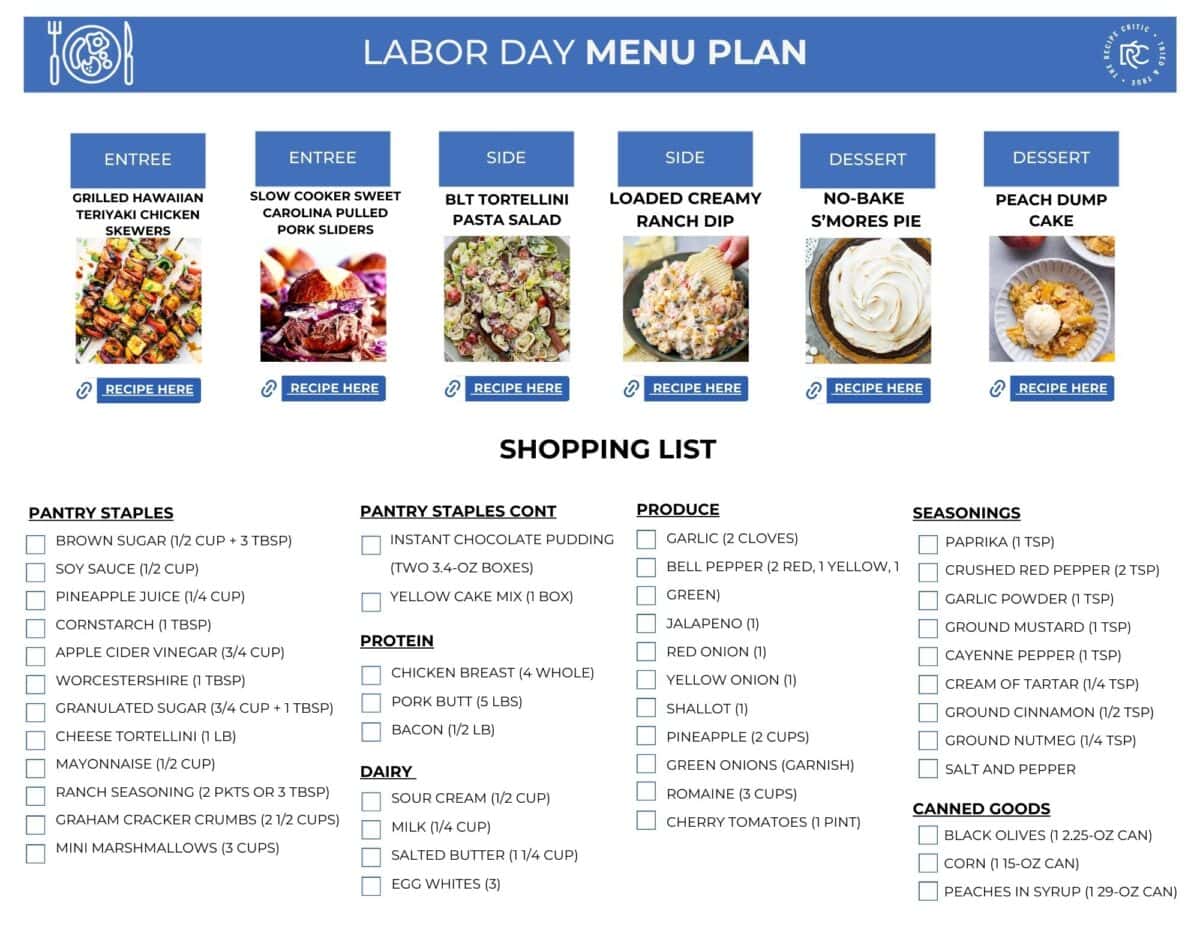 This Labor Day Menu Plan will make your party planning so easy! End the summer with these amazing recipes. Don't forget that I included a shopping list which will save you so much time! A pdf of a shopping list.