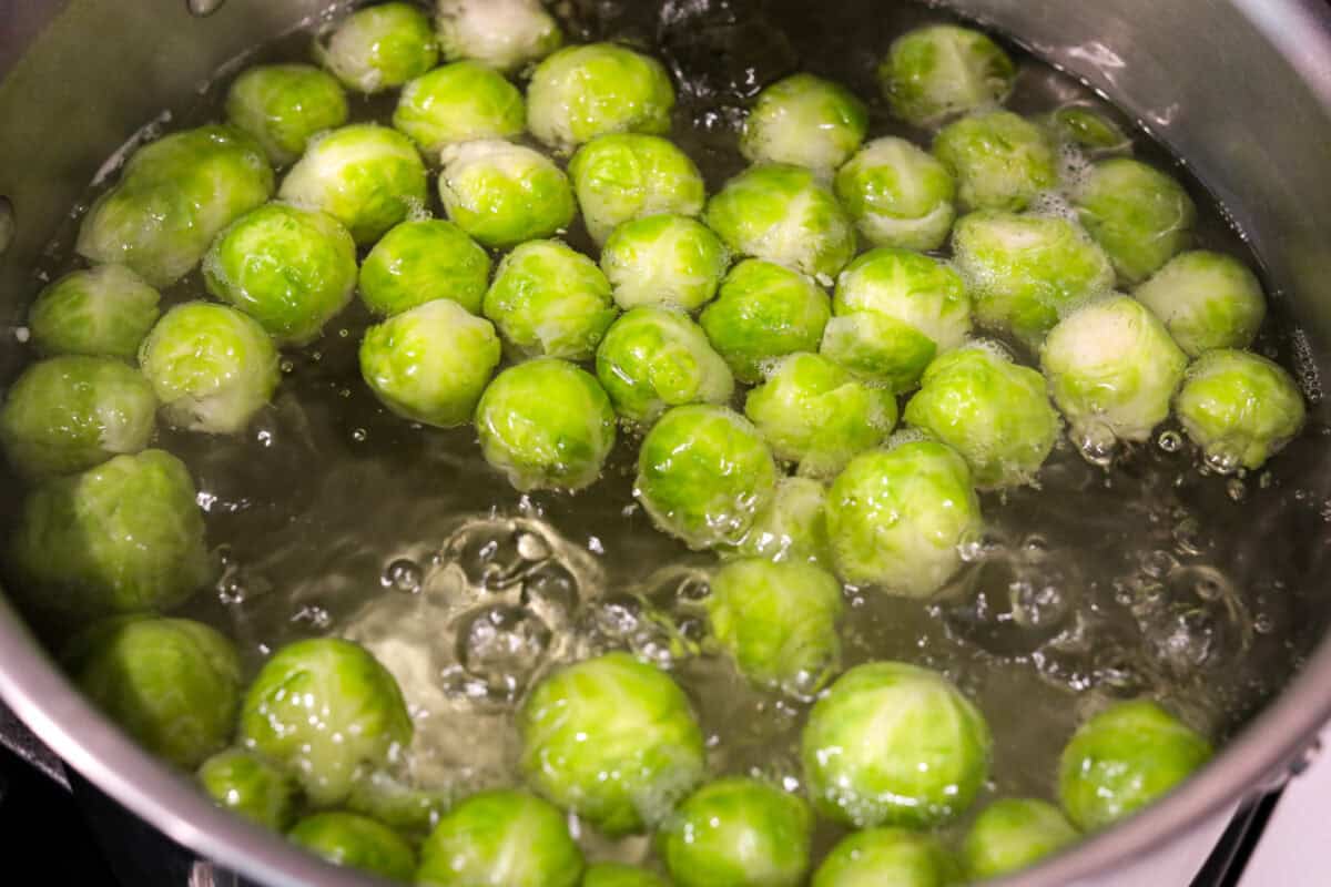 Irresistibly crispy Smashed Brussels Sprouts areย simple to make, loaded with delicious flavor, and have the best crunchy texture. These pair well with almost any protein and will definitely upgrade your side dish game! Overhead shot of Brussels sprouts being boiled in water.
