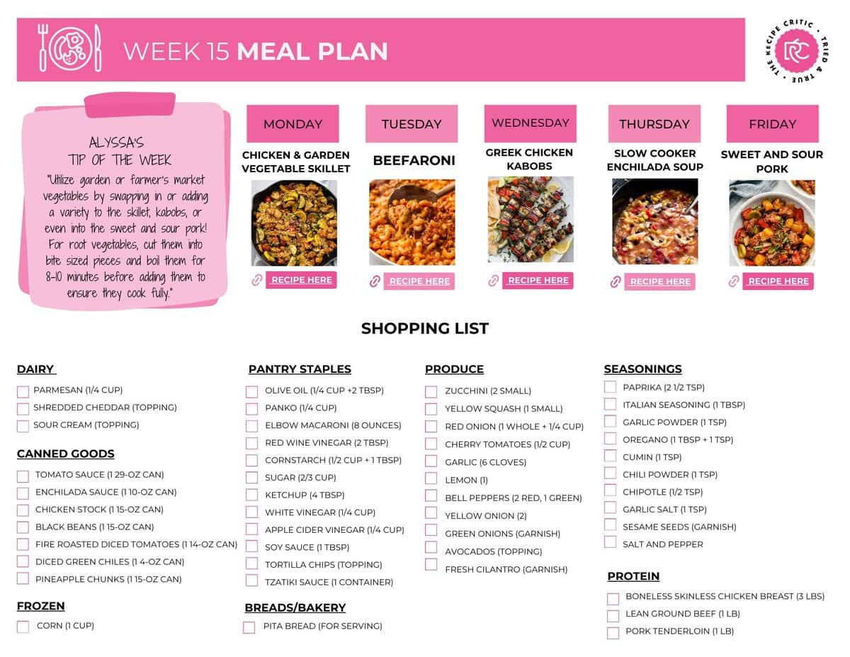 This weekly meal plan has some classics with a twist that you are going to love! It gives you a chance to use up all of your garden veggies, and with so many different variations, these recipes are for everyone, even your picky eaters! A pdf of a shopping list for the meal plan.