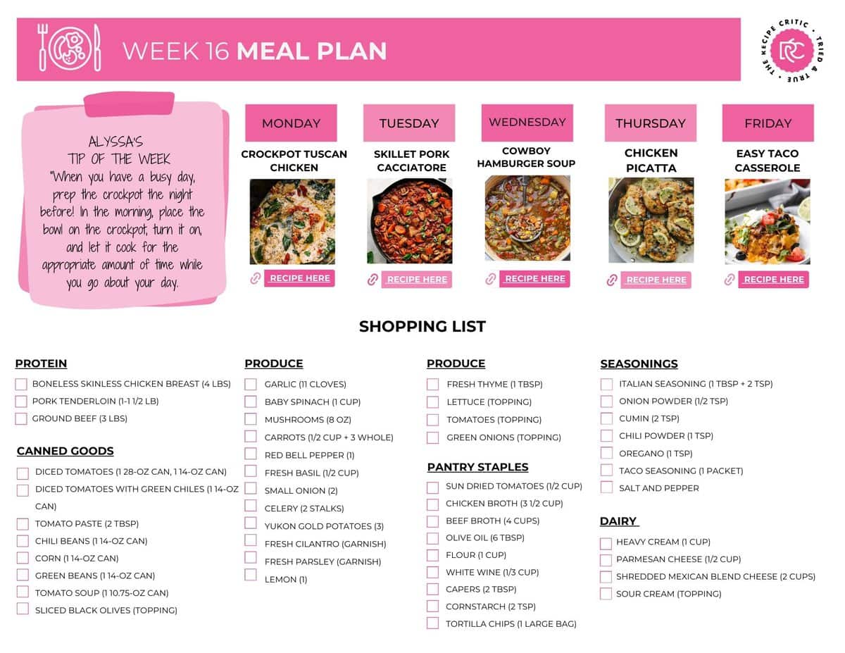 I love when a weekly meal plan has variety! This one includes crockpot, skillet and baked meals keeping all of the meals simple but so delicious. a pdf of a printable meal plan with shopping list.