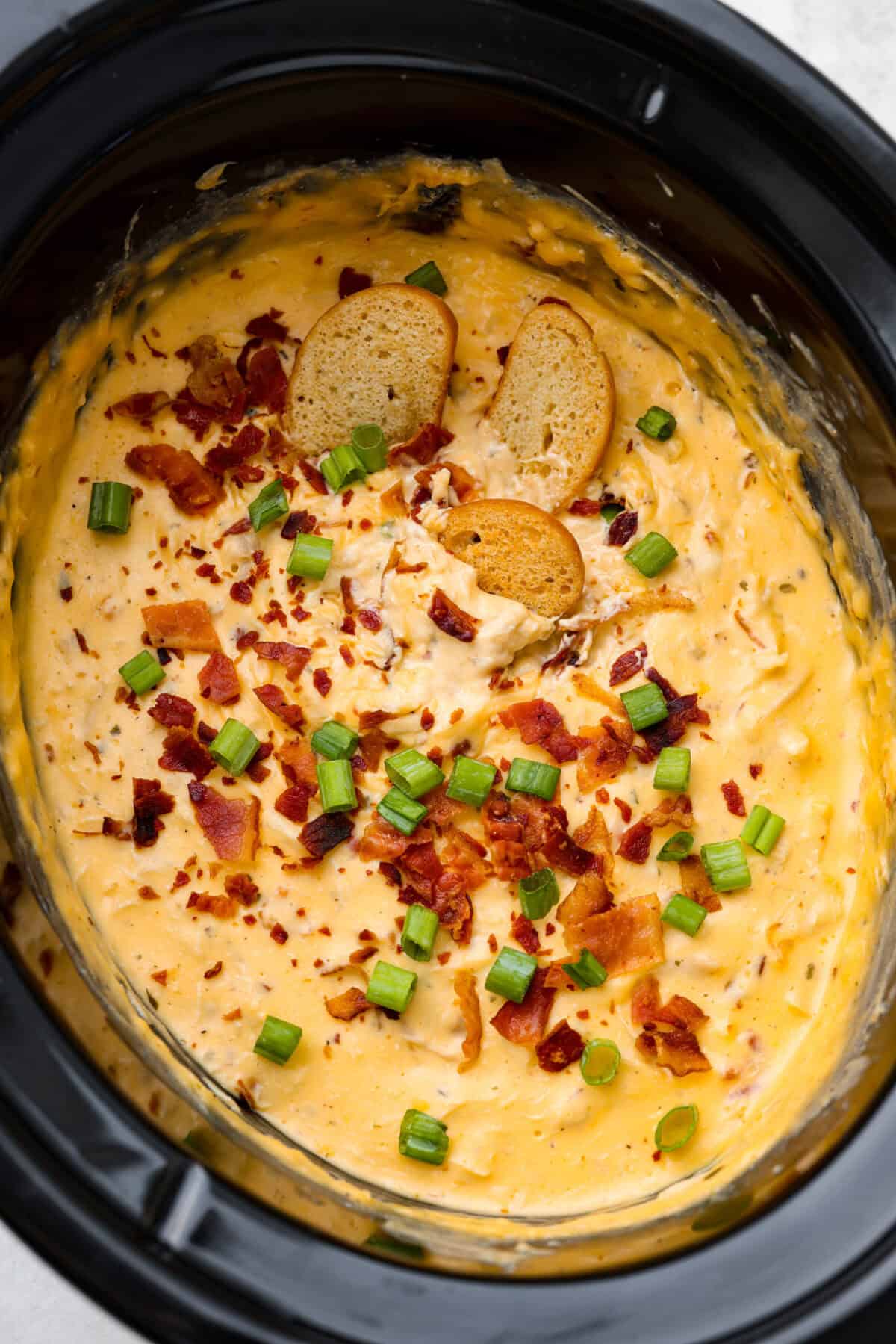 Get ready to be obsessed with this slow cooker crack chicken dip! The combination of chicken, cream cheese, Velveeta, bacon, and ranch seasoning creates an addicting snack that's perfect for holiday gatherings, game days, and parties! Overhead shot of slow cooker crack chicken dip garnished with bacon pieces and green onion.