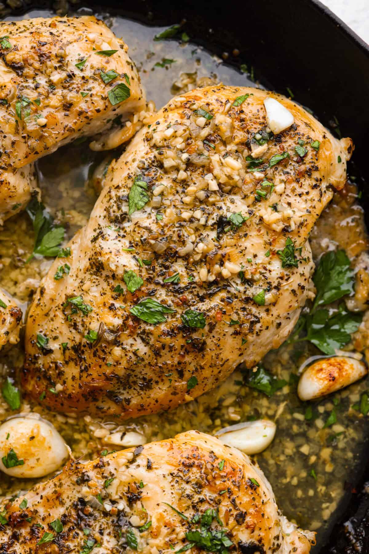 Garlic Butter Chicken is a rich and flavorful one-pan recipe that's on the dinner table in just 30 minutes! Well-seasoned, tender chicken breasts are pan-seared and then nestled in a simple yet tasty sauceย made with vinegar, broth, butter, shallots, and plenty of garlic. Close up shot of garlic butter chicken.