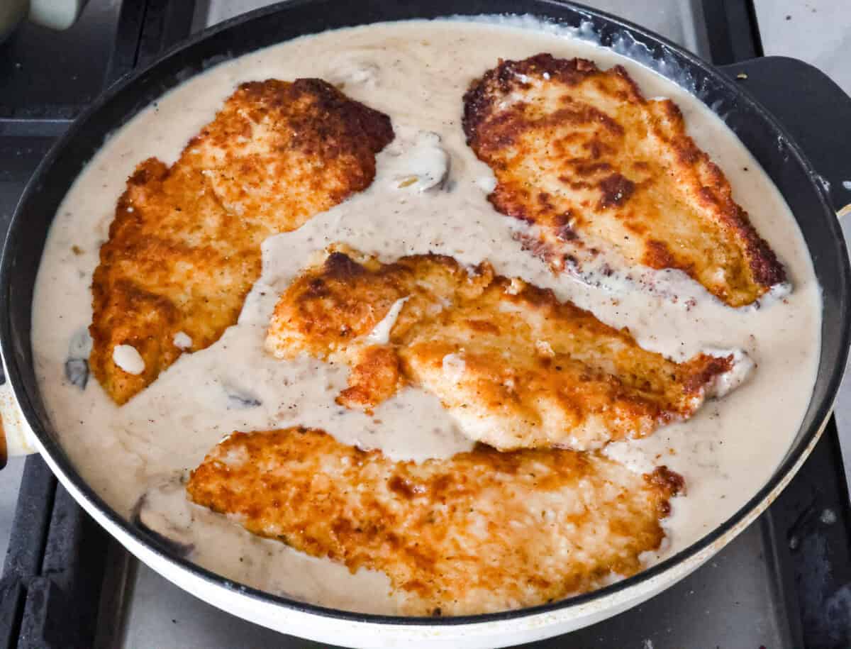 Smothered chicken is a flavorful comfort food full of rich, creamy gravy, tender chicken cutlets, and savory mushrooms. Perfect on its own or paired with mashed potatoes, rice or pasta, you're family will definitely want this on the weekly meal plan. Overhead shot of breaded, cooked chicken in gravy sauce.