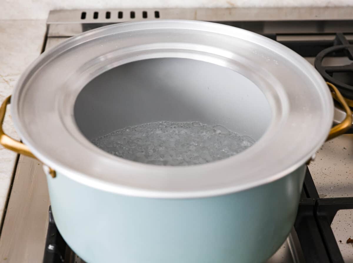 Bao Buns, or Baozi, are soft, pillowy buns made from a slightly sweet dough. They originate from China and are served with different types of fillings. You can enjoy them as a snack, as a side, or with dim sum. Angle shot of pot with steamer ring fitted on top with boiling water inside.