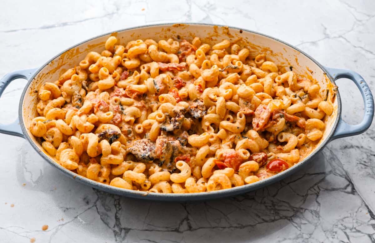 This Boursin pasta recipe has gone viral on social media. It's simple to make and packed with flavor! It's creamy with a distinct zingy bite from the Boursin cheese and sundried tomatoes. This dish screams flavor! It's anything but boring. Angle shot of pasta mixed with the cheese sauce.