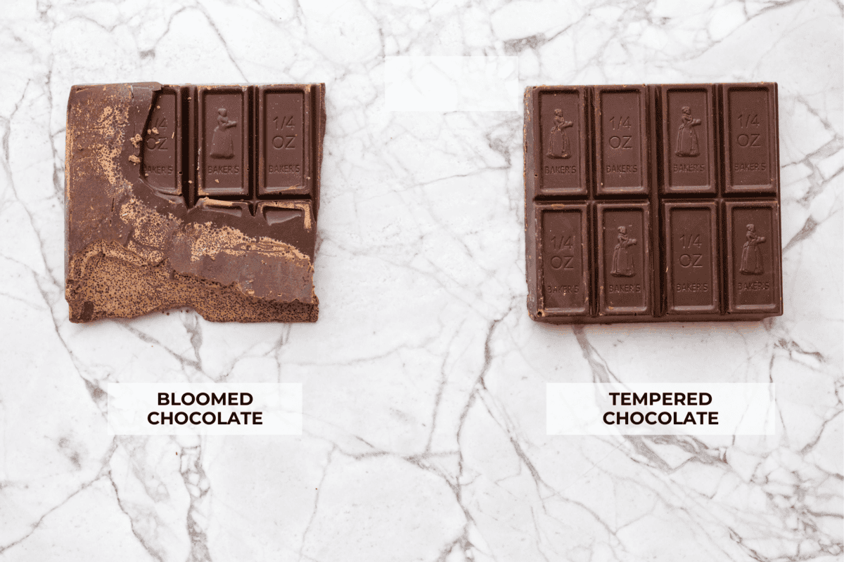 Learn how to temper chocolate for all your chocolate dipping and candy-making needs! Tempering chocolate can be intimidating but my how-to guide will help you every step of the way. Two types of chocolate labeled bloomed chocolate and tempered chocolate.