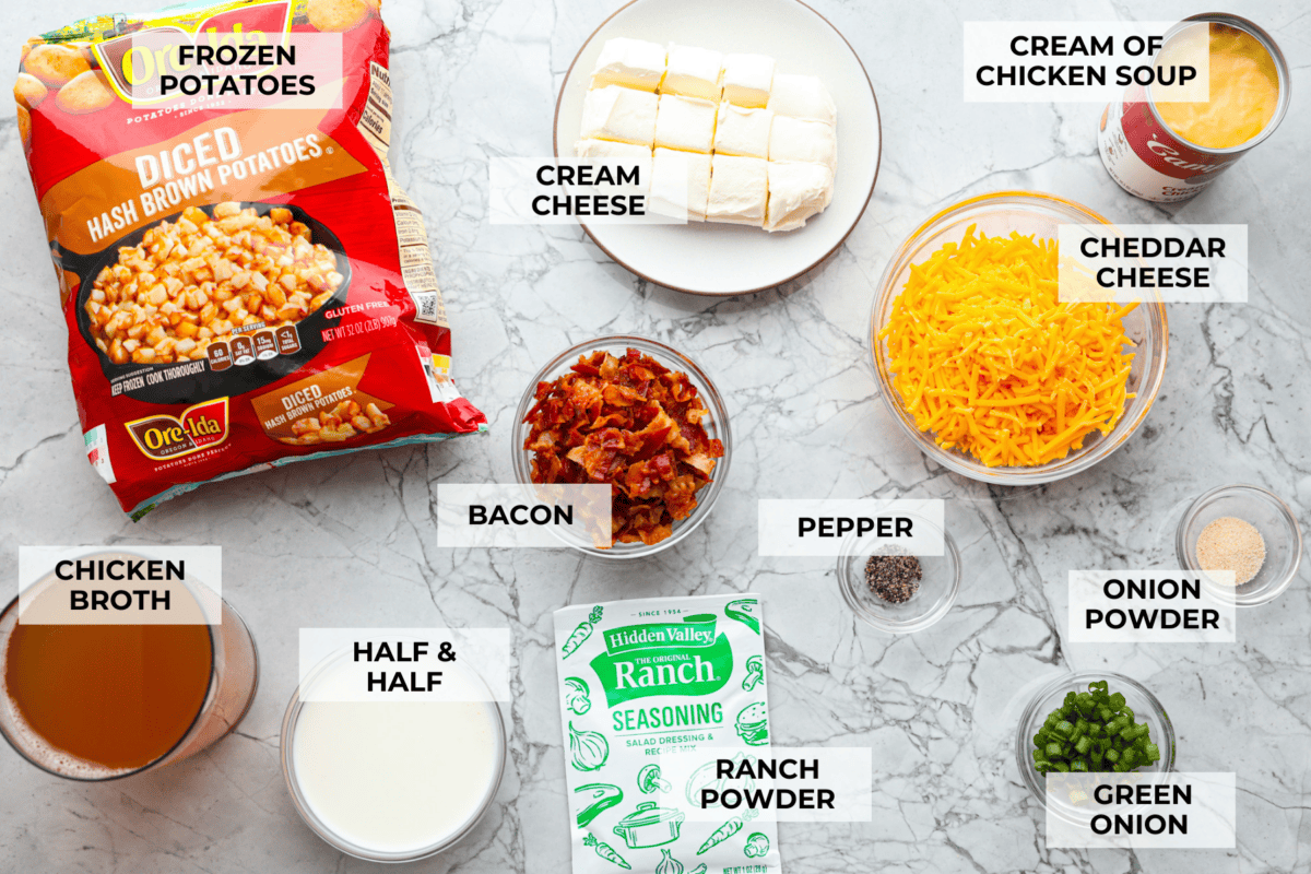 This crock pot crack potato soup is the best and easiest soup you will ever make! It's loaded with creamy cheese, potatoes, hearty chicken, and savory bacon, all seasoned to perfection! Your family will love smelling this cooking when they get home from school! They will like how it tastes even better! Overhead shot of labeled ingredients.