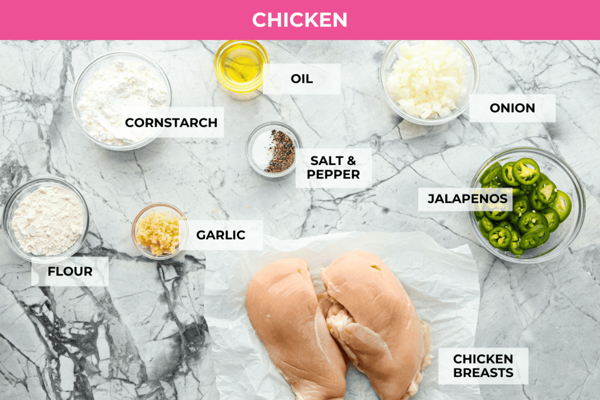 Delicious Jalapeño Chicken will become an instant favorite with the very first bite. Tender chicken pieces are cooked with jalapeños and then coated in a sticky, sweet, and spicy sauce. Serve over rice for an easy meal. You'll be craving it on repeat! Overhead shot of labeled chicken ingredients.