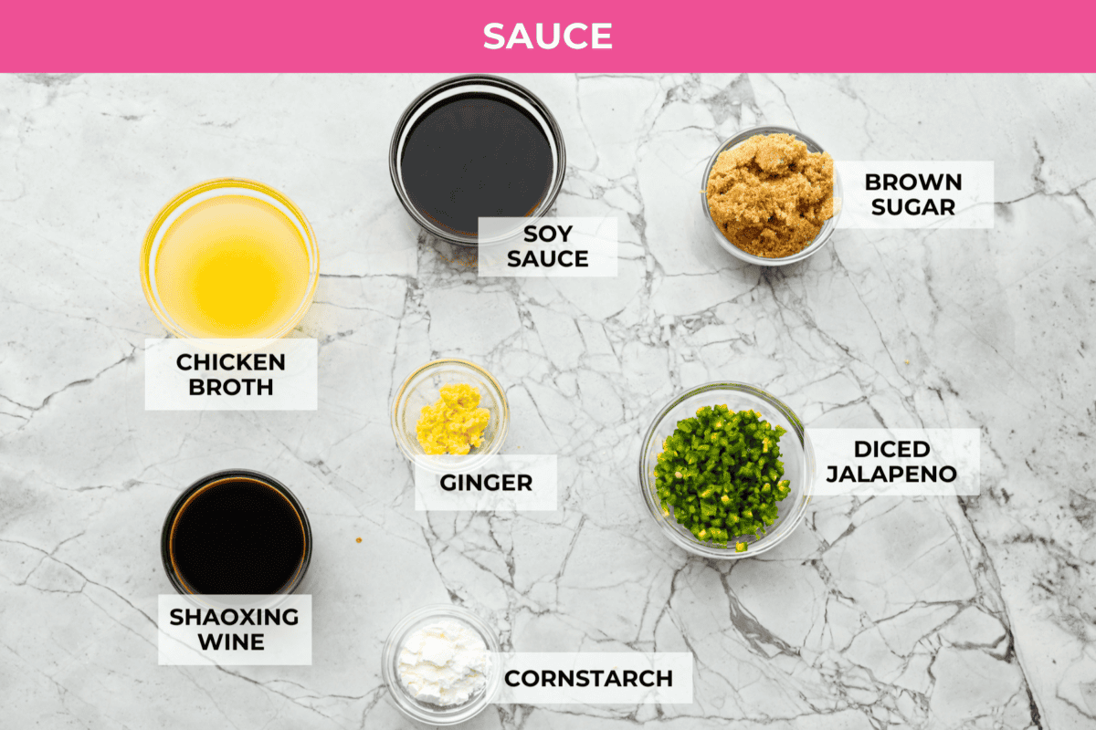 Delicious Jalapeño Chicken will become an instant favorite with the very first bite. Tender chicken pieces are cooked with jalapeños and then coated in a sticky, sweet, and spicy sauce. Serve over rice for an easy meal. You'll be craving it on repeat! Overhead shot of labeled sauce ingredients.